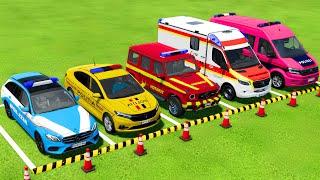 ALL POLICE CARS and AMBULANCE EMERGENCY VEHICLES TRANSPORTING WITH MAN TRUCKS ! Farming Simulator 22