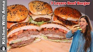 3 Layers Beef Patty Burger & Secret Sauce Recipe l Restaurant Style 3 Layers Burger