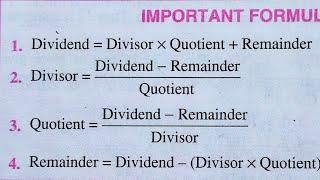 Division all formula l important Formula l Dividend Divisor Quotient Remainder formula