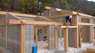 Process of Making Beautiful Korean-Style House. Skilled Korean Carpenter