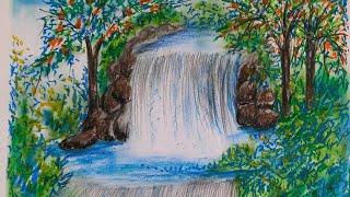 Easy Waterfall Jungle Scene with Oil Pastels | Step-by-Step Tutorial