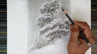 Snowy tree with bird landscape drawing by pencil and electric eraser.