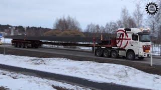 Mercedes and Scania Trucks with Long load on Trombone / Telesteptrailers