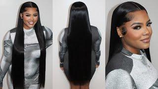 Buss Down Middle Part 36 Inch Wig Install | Best Silky Bone Straight Hair Ft. WIGGINS HAIR