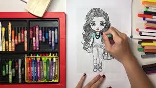 Color the girl with bags and thick hair