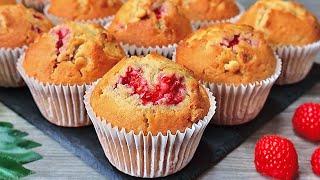 The most delicious and easy to make raspberry and white chocolate muffins! Super soft and fluffy!