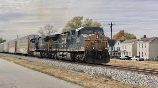 Fast Auto Racks Train With Locomotive Shoving Hard On The Rear  In Trenton Ohio, 4 Trains