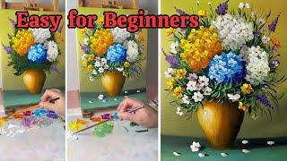 How to Paint a Vibrant Hydrangea Bouquet in a Vase - Acrylic Painting Tutorial for Beginners