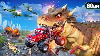 Dinosaur Rampage! Can Police Monster Trucks Save the City? City's Ultimate Rescue! | 1 Hr Cars Movie