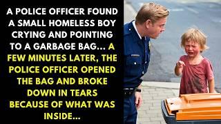 A POLICE OFFICER FOUND A SMALL HOMELESS BOY CRYING AND POINTING TO A GARBAGE BAG...