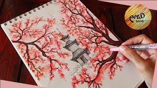 Brush Pen Art / How to Draw Cherry Blossom and Tree Branches with Brush Pen / Easy Flower drawing