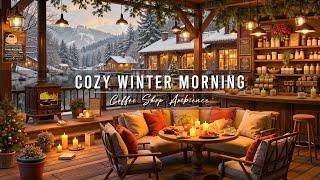 Winter Morning at Cozy Cafe Ambience with Gentle Falling Snow  Smooth Jazz Music for Work, Unwind