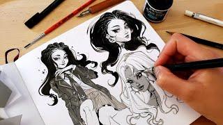  Draw with me - using MANGA SCREENTONES on paper! Pen and Ink drawing // Character Design