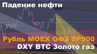 Прогноз курса рубля, обвал нефти, отскок Индекса  Мосбиржи, золото,  ОФЗ, BTC,  газ, SP500.