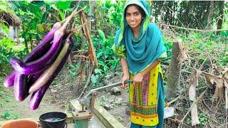 গ্রামীণ পরিবেশে মাটির চুলায় আলু বেগুন শুটকি দিয়ে রান্না আর লাল শাক ভাজি