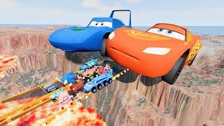 POOR LIGHTNING MCQUEEN VS MONSTER SHARK - Big & Small Pixar Cars vs Glass Bridge Lava-Beamng.Drive