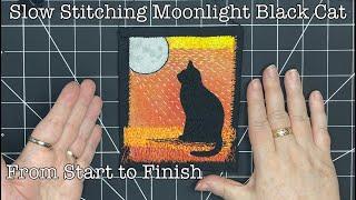 Slow Stitching Moonlight Black Cat - Full Process Textile Collage Art - Traceable Template