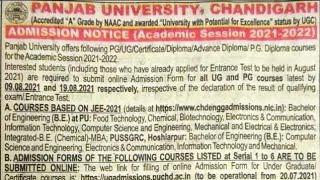 PU CET UG 2021 Admissions Open For BSc Hons From Punjab University Chandigarh