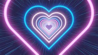 NEON TUNNEL OF MULTI-COLORED PURPLE HEARTS. Black background. Video Loop