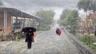 Walk in Heavy Rain and Lightning in Beautiful Village | Thunderstorm Rain Hits Rural Indonesia