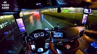 Night 4K POV ASMR driving on wet roads in rainy weather in a truck at the beginning of winter