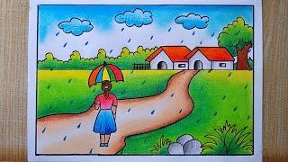 Rainy season Village scenery drawing| Rainy Day drawing| How to draw Rainy season scenery drawing