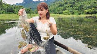 The girl uses a fishing net on the lake, making a living.