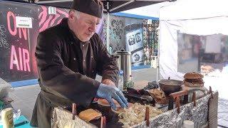 Double Burgers Plus Cheese. Traditional English Street Food. London, Soho