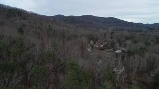 Stock Drone Footage - Slow flight through trees revealing mountain in small town