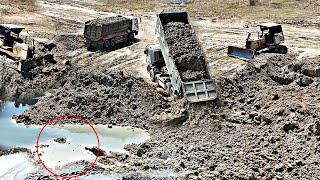 Best Project!! Bulldozer Pushing Soil into the Water With Dump Truck.