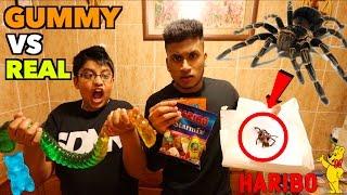 GROSS GUMMY FOOD VS REAL FOOD CHALLENGE *REAL TARANTULA* (GIANT GUMMY FOOD)