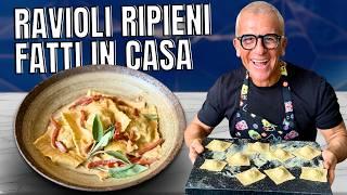 Ravioli ripieni di Ricotta e Funghi con salsa panna e prosciutto - Ricetta Chef Max Mariola