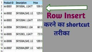 Excel sheet मे row insert करने का शॉर्टकट फार्मूला (excel row insert shortcut method)