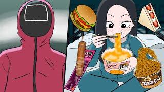 [Squid Game] Sneaky Convenience Store Food Mukbang Without Pink Soldier's Knowing | Animation ASMR