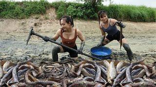 Harvesting eels in the lagoon to sell at the market - The two sisters happily cooked|Ngân Daily Life