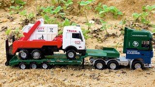 story about excavator, crane, fire truck helping trucks | video finding truck in cave