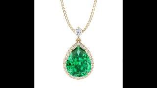 Peora 14K Yellow Gold Pear Shape Created Colombian Emerald & Lab Grown Diamond Pendant | P10254