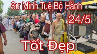 Rất tốt đẹp sư Minh Tuệ cười rất tươi bộ hành về Bồ Đề Đạo Tràng sáng 24/5