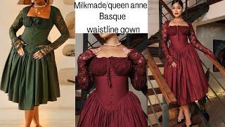 Trendy milkmade gown with basque waistline, gathers and queen anne neckline step by step.