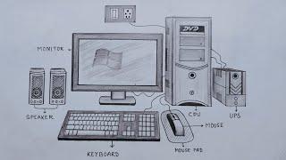 How to draw desktop computer step by step very easy method/Computer parts drawing