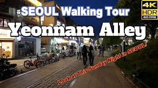 SEOUL KOREA/ Walking tour of Yeonnam-dong alleyway, which is also lively on Sunday night.[4K HDR]