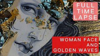 Claudia De Sabe: Woman face and golden waves watercolor and gold leaf painting.