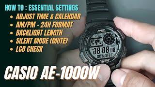 How To Set Casio AE1000W (Adjust Time, Date, 12/24H, Backlight, Silent, LCD Check) AE-1000W AE1000