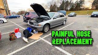 Vlad Replacing Blown BMW E39 Coolant Hose in The Parking Lot.. + Test Drive