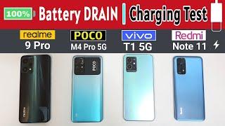 Realme 9 Pro vs POCO M4 Pro 5G vs VIVO T1 vs Redmi Note 11- Full Battery Drain Test | Charging Test