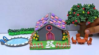 DIY How to make polymer clay miniature house, swimming pool, tree,chairs,table | Village House