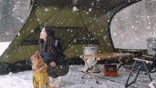 [솔로캠핑] 하루 종일 폭설과 강풍이 불던 날. 힘들수록 도전욕구 뿜뿜하는 행복 캠핑 / 떡볶이에 막걸리 못참지 / 가평 블루문 캠핑장