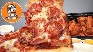 EATING LITTLE CAESARS CHEESY AND SAUCY DEEP DISH PIZZA BUFFALO WINGS MUKBANG ASMR