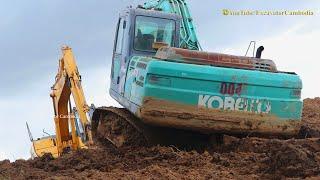 Excavator Kobelco Sk200 Stuck Mud & Excavator Digging Working Building New Canals.