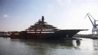 Moving REV to quay. World largest superyacht floating for the first time in Tulcea, Romania